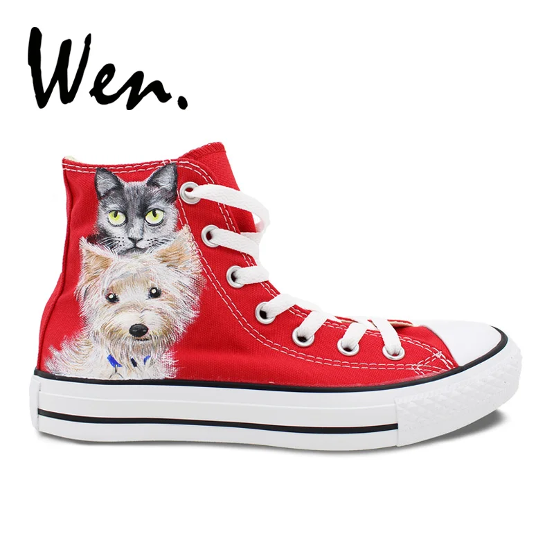 

Wen Design Toy Group Pet Dog Cat Hand Painted Canvas Skateboarding Shoes High Top Unisex Outdoor Sports Portable Red Sneakers