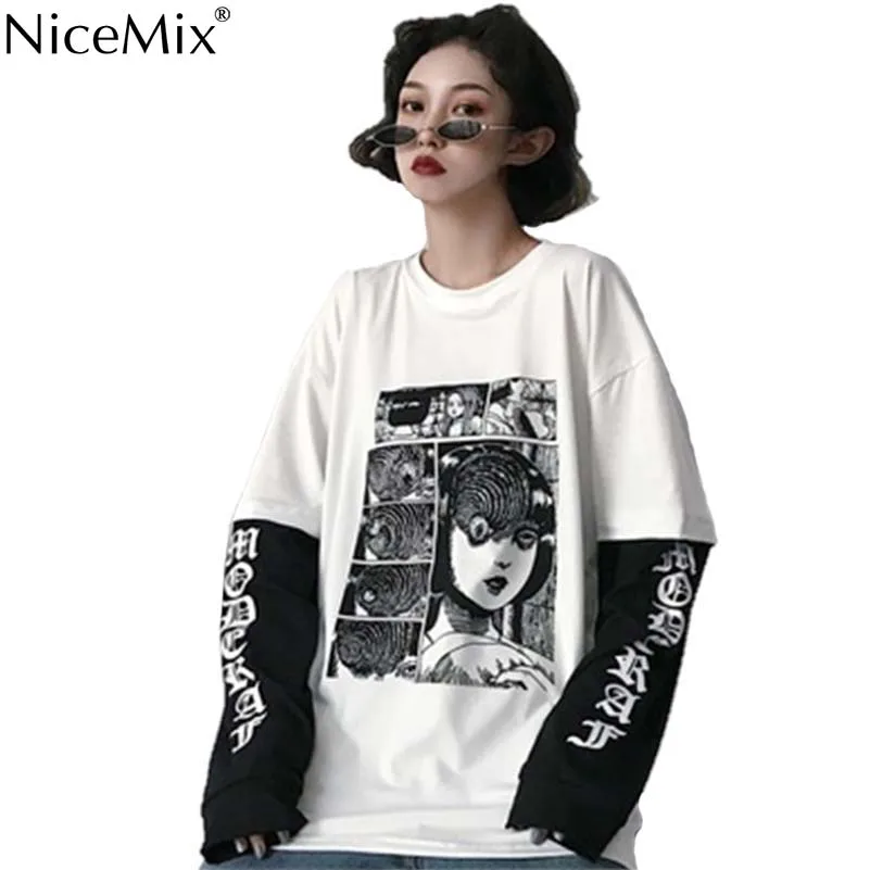 NiceMix Harajuku футболка женская поддельная 2 шт. принт японский Fujiang Ужасы комиксы длинный рукав рубашка Женская Vetement Femme