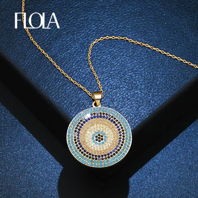 

FLOLA Turkish Round Evil Eye Necklaces for Women Pave CZ Crystal Big Greek Eye Necklace Gold Plated Jewelry Gifts ojo nken89