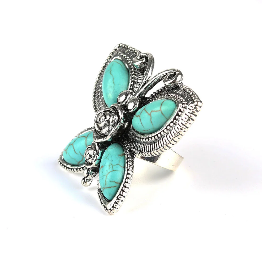 Парабола Большая Бабочка Shaped Создания Бирюзой Моде Кольца Серебро Цвет