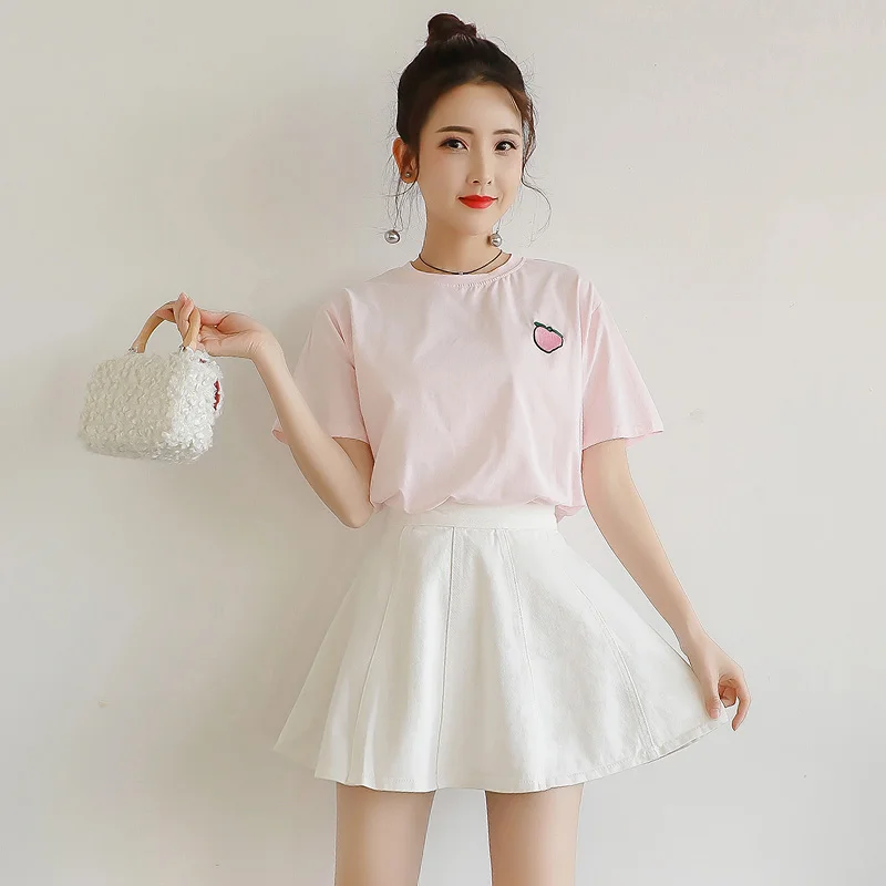 

Preppy Style Cute Set Sweet Summer Korean Fresh Two-piece 2019 New Denim Skirt + Short Sleeve Top Lolita Style