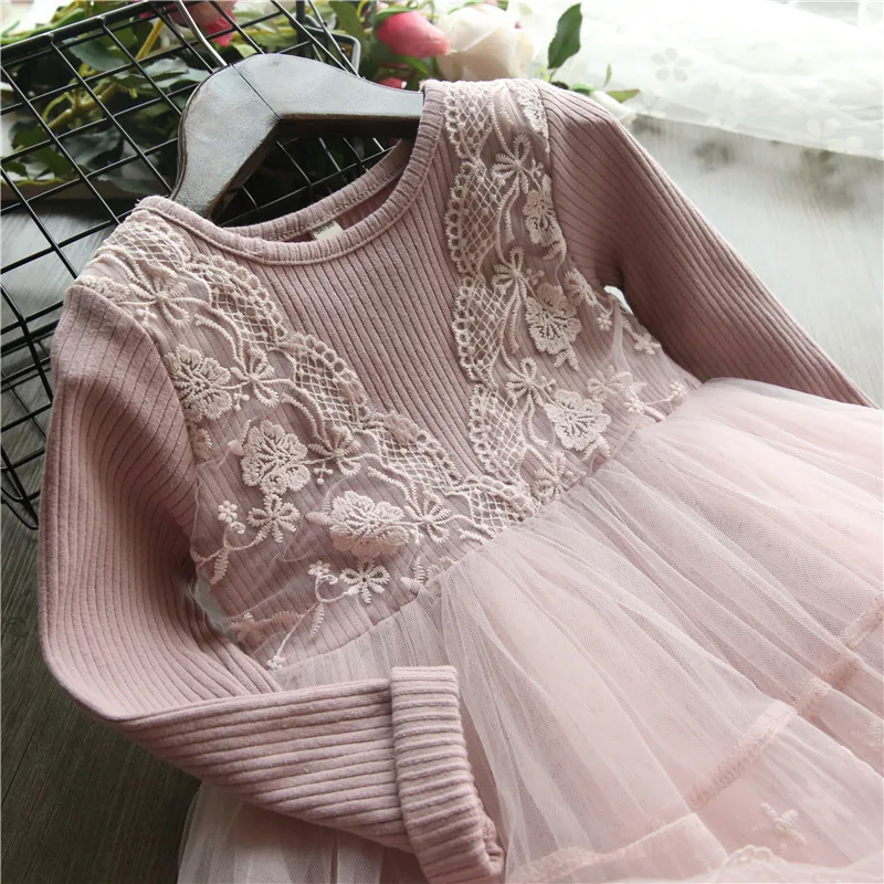Girls Christmas Flower Lace Long Sleeve Dress Kids Clothes For Baby Princess Spring Autumn Party Gown Children Wedding Wear 2-7Y | Детская