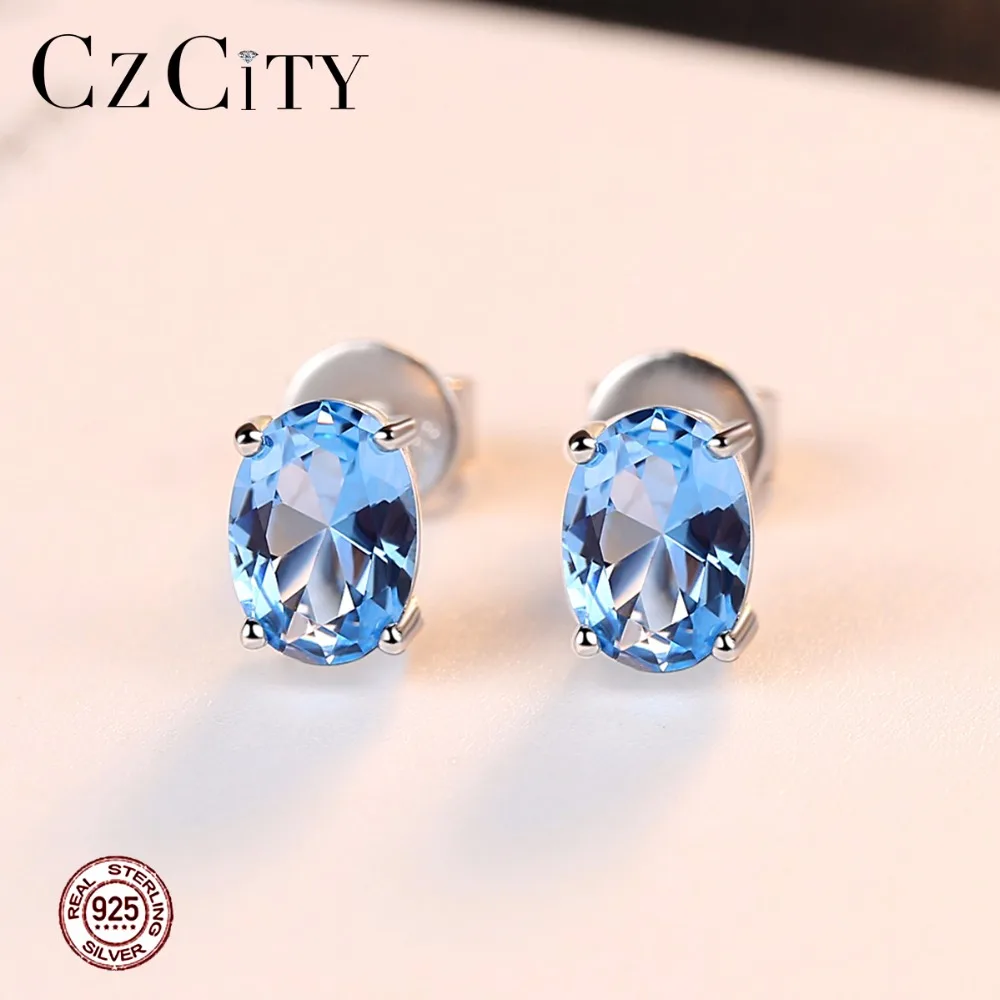 CZCITY серьги топаз 1,8 карат Овальный Небесно-Голубой топаз камень по месяцу рождения 925 пробы серебряные серьги-гвоздики для женщин ювелирные изделия с драгоценными камнями
