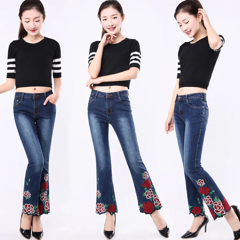 FERZIGE бренда Slim Fit Брюки для девочек Женский класса люкс с вышитыми цветами джинсы