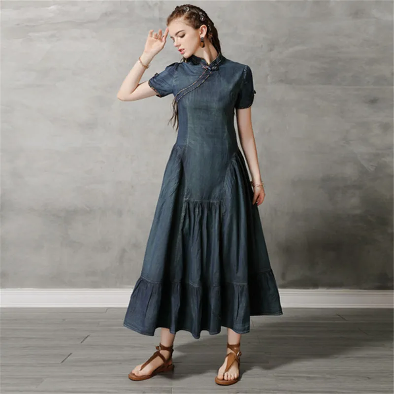 

Женское джинсовое платье Cheongsam, винтажное платье с коротким рукавом и оборками, воротник-стойка, 82161, лето 2019