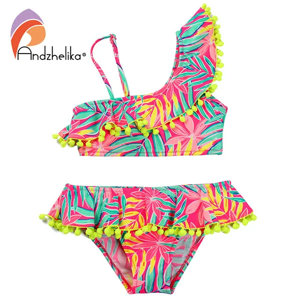 Andzelika bikini бикини для девочки. Раздельный яркий купальник с топом на одно плече с рюшами и плавки с юбкой - Цвет: Pink