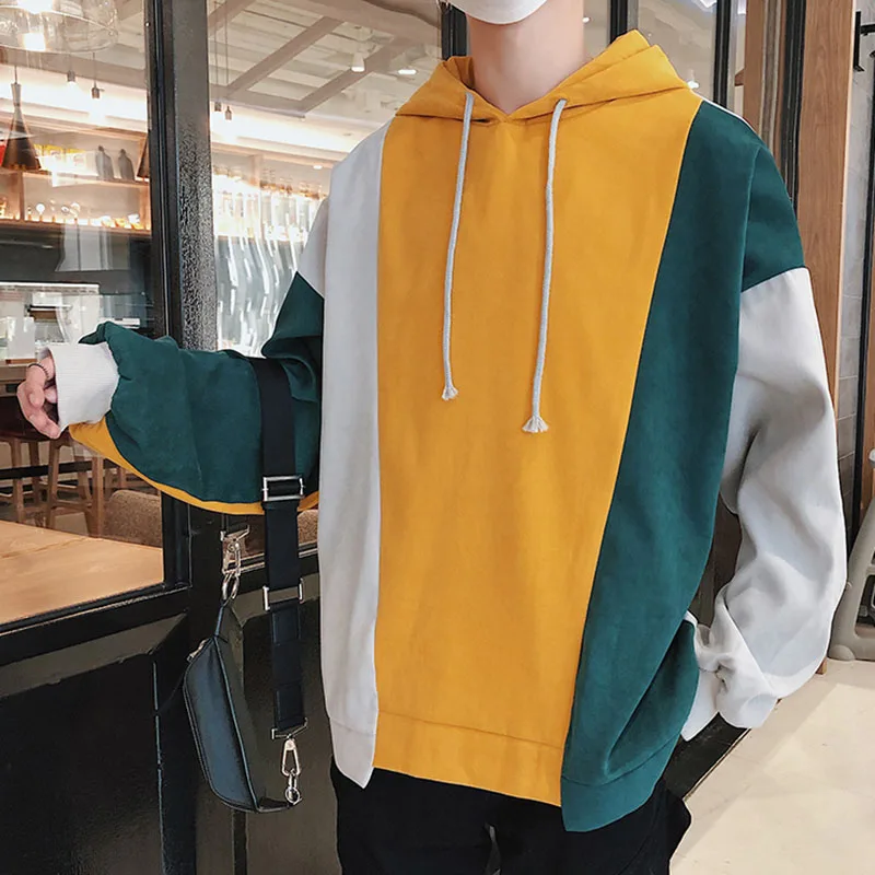Yellow with green Корейская одежда с длинным рукавом толстовки с капюшоном Мужские лоскутное худи xxxxxl хип хоп негабаритных уличная одежда толстовки мужские HD51 - Цвет: Yellow with green
