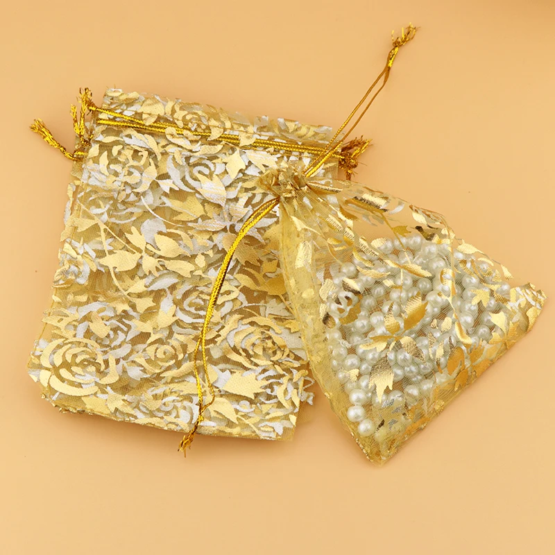 100 шт./лот 7*9 см золотые сумки из органзы маленькие свадебные подарочные для