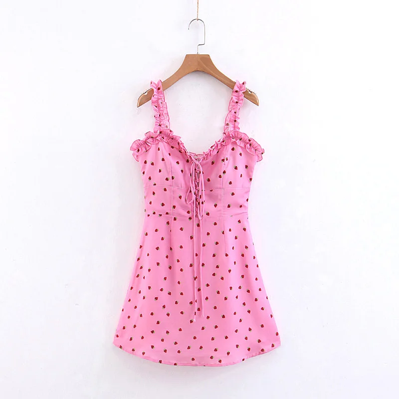 Милое розовое платье с принтом клубники милые сексуальные платья без бретелек на