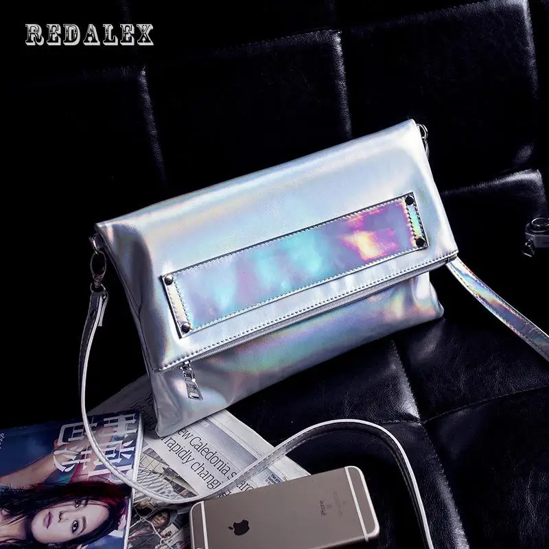 Лазерная серебро Для женщин сумка на молнии Высокое качество PU leatherhand клатч