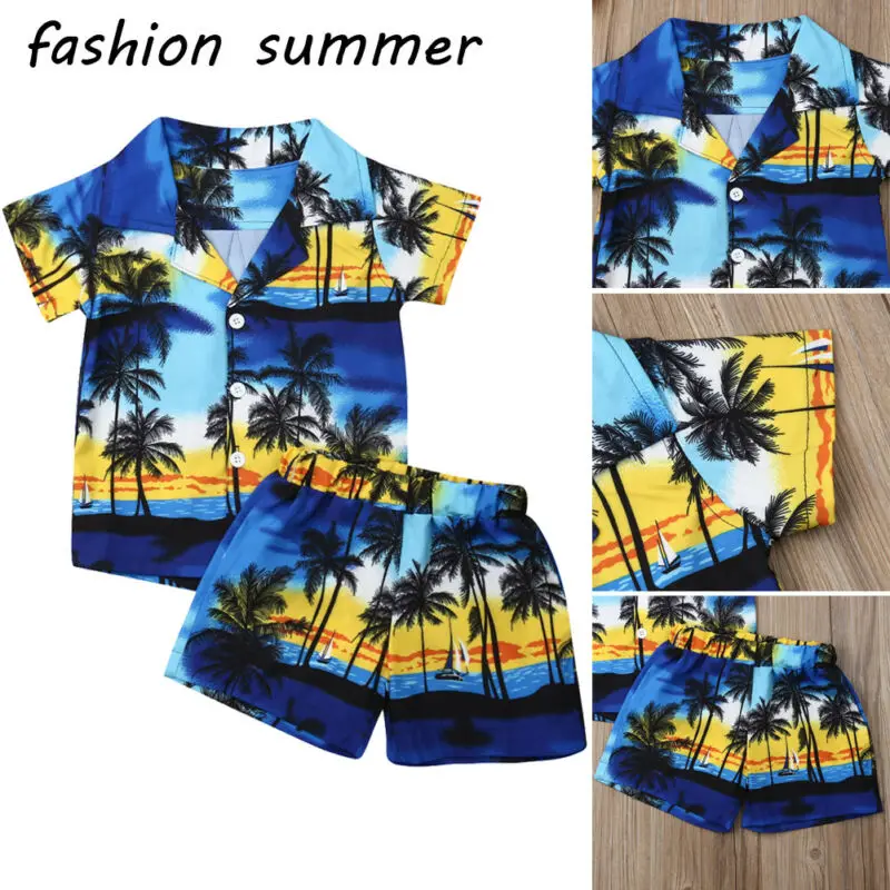 Hawaiian Style Beach coconut tree pattern 2pcs Toddler Kids Boys Summer Outfits Holiday Shirt Shorts Clothes Set | Детская одежда и
