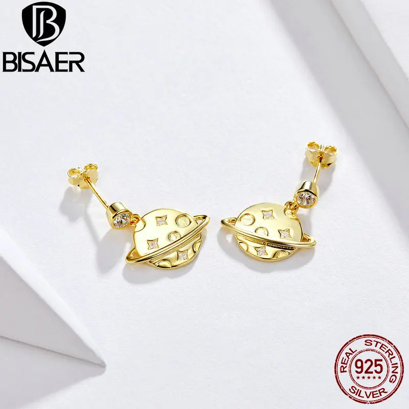 BISAER роскошные 925 пробы серебряные серьги-гвоздики в форме вселенной и планеты для женщин, ювелирные изделия из стерлингового серебра, подарок EFE091