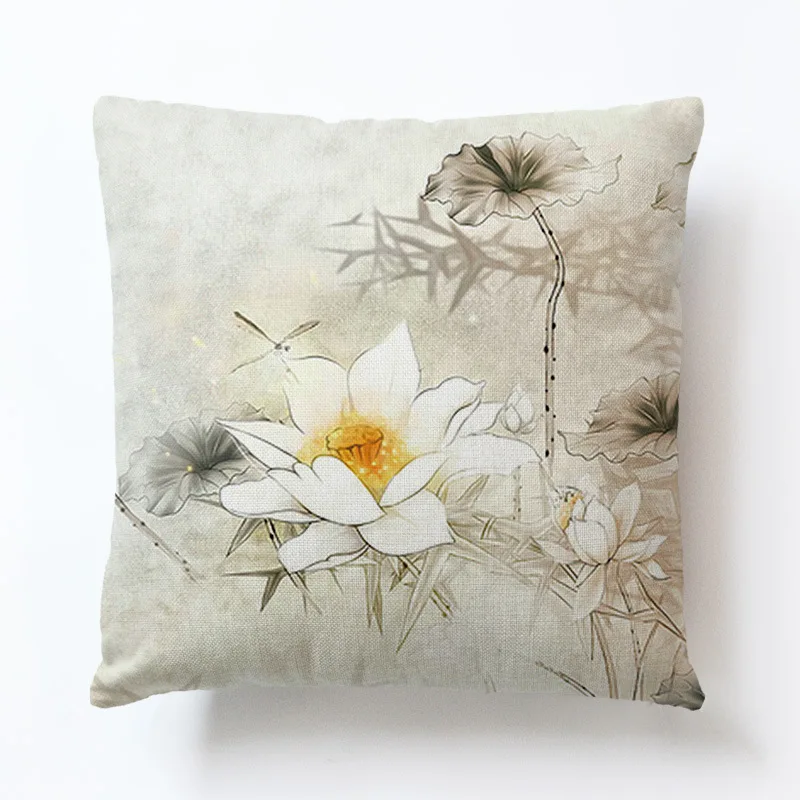 

Chinese ink painting Lotus linen pillowcase sofa cushion cover for pillow decorative pillow case home decor car decoration