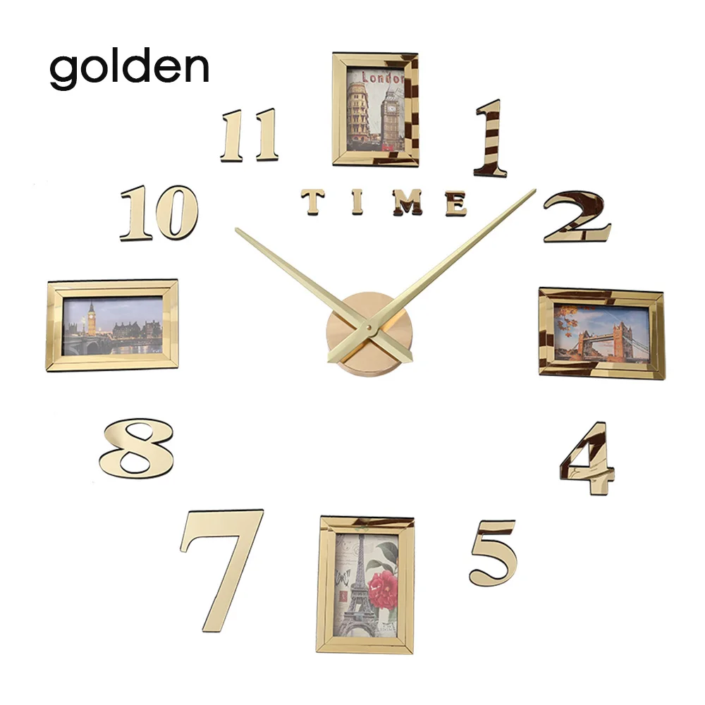 wall clock golden Фоторамка Saat настенные часы Horloge Reloj De Pared Duvar Saati Relogio De Parede Klok современный дизайн настенные часы 3d большие светящиеся - Цвет: wall clock golden