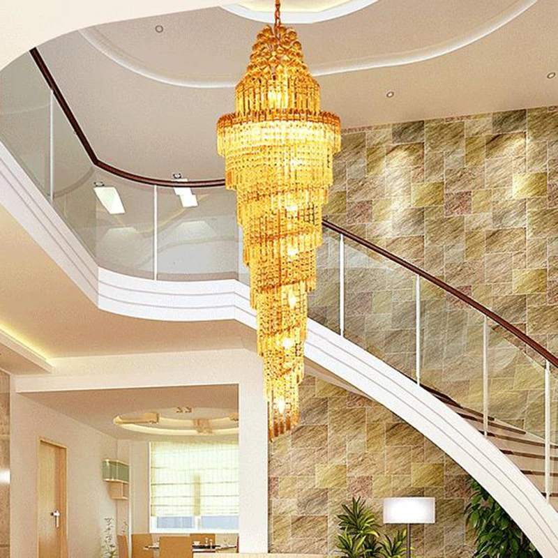 

European Stairs luxury K9 crystal Pendant Lights hotel hall large hanging K9 crystal lights villa living room loft Pendant lamps