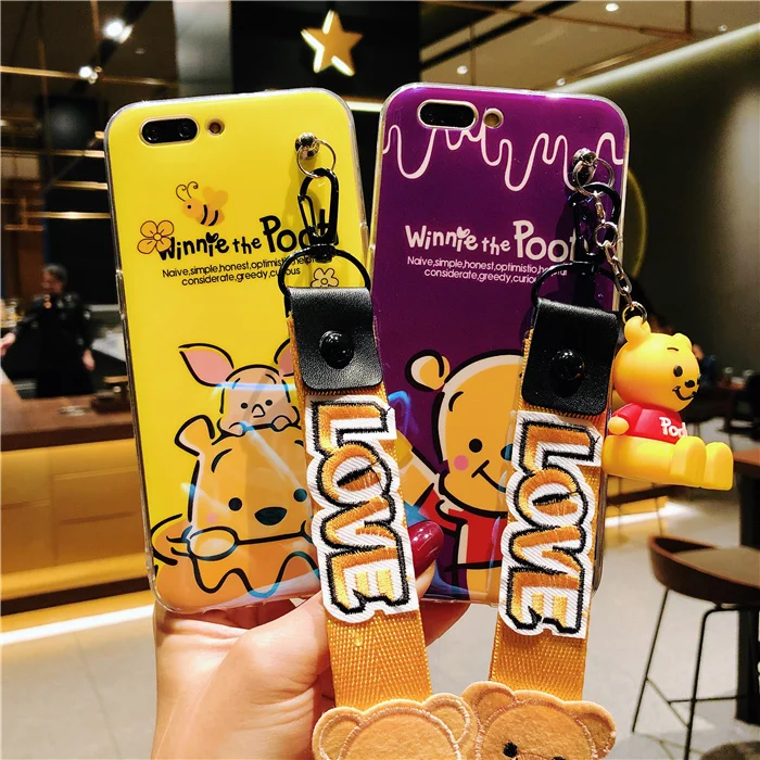 For iPhone 8plus Cute winnie case cartoon bear Soft back cover X 8 7 7plus 6 6S 6Splus phone + toy +Strap |