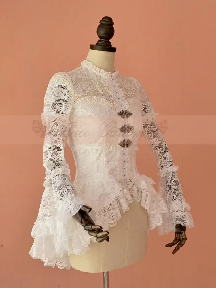 Vintage Women's Illusion Neckline Lace Blouse Gothic Long Flare Sleeve Ruffled Top by Garden | Женская одежда