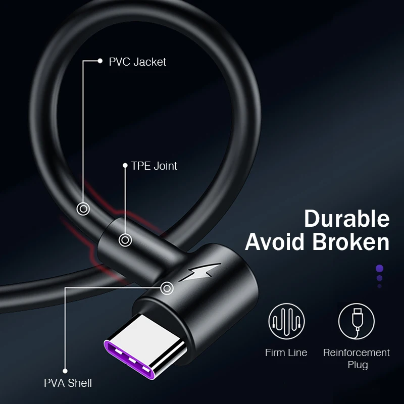 YKZ usb type C кабель для быстрой зарядки 90 градусов c передачи данных 5A Быстрая зарядка