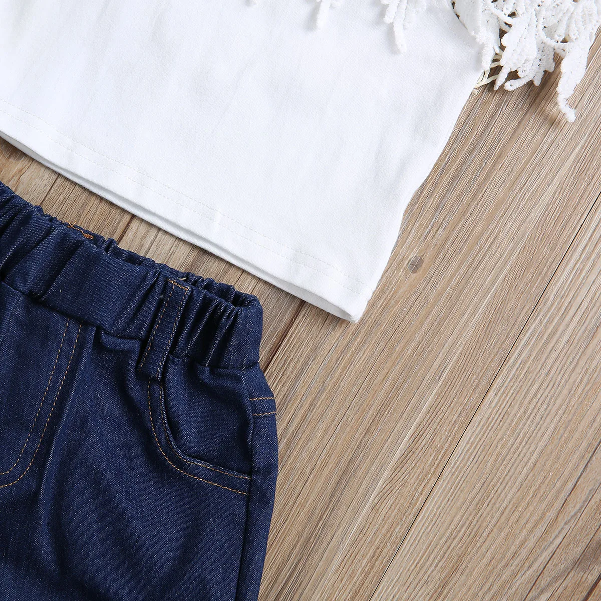 Новая джинсовая одежда для девочек кружевные топы белого цвета с открытыми