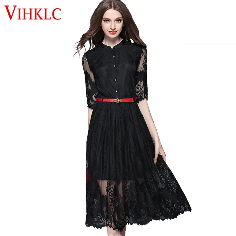 New Dress 2017 Весенняя Мода Выдалбливают Элегантный Белый Черное Кружево Партия
