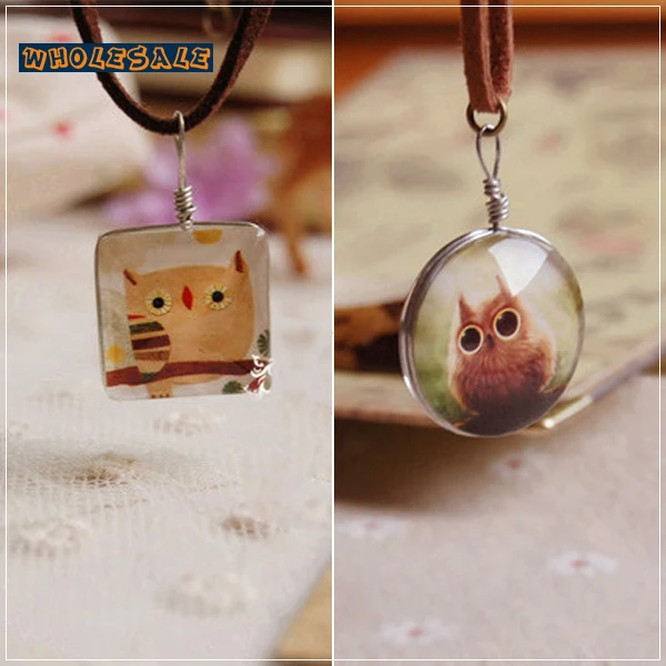 Сова ожерелье двусторонний рисованной сова стекло кабошон кулон ювелирные