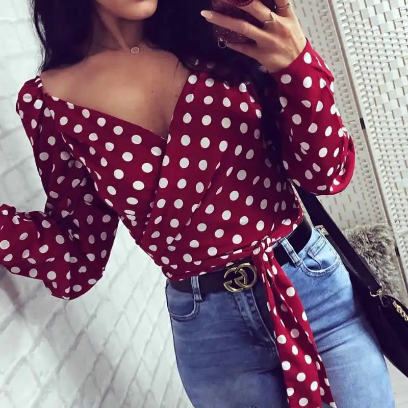 

Slim Women Long Sleeve Shirt Tops 2019 Ladies Fashion Deep V Sexy Printed Dot Short Blouse Womens Casual Bandage Crop Top