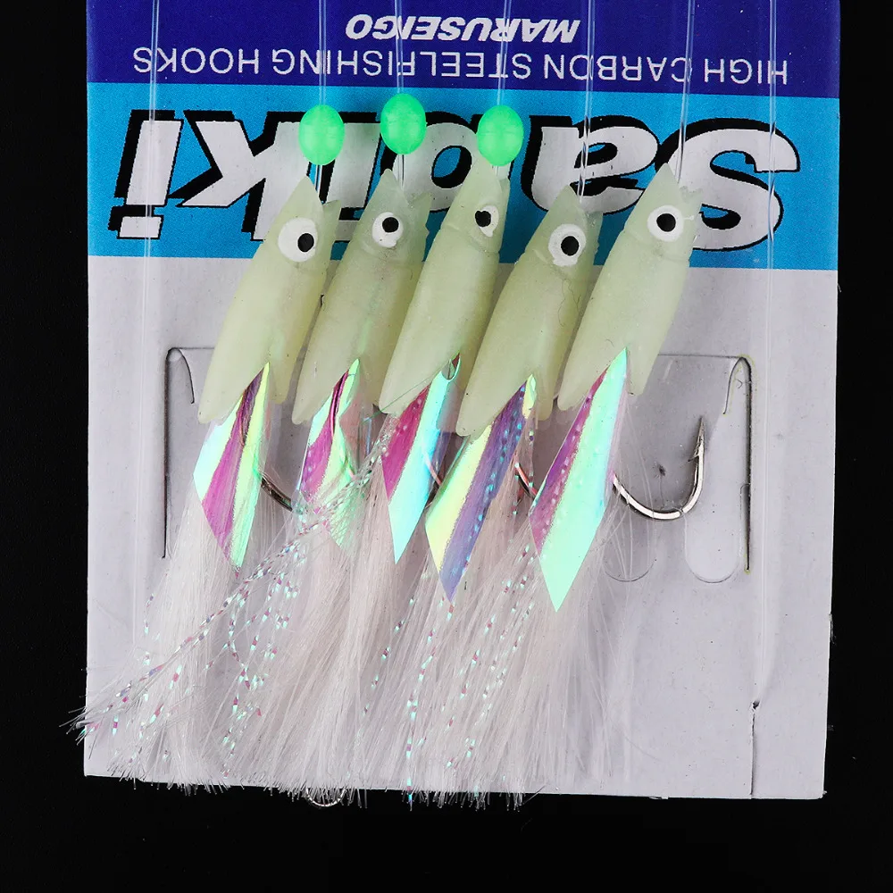 5 In 1 Night Luminous Sabiki Soft Fishing Lure Set Hook 1/0# 1# 2# 3# 4# String Fishing Bait Hook Fishing Tackle