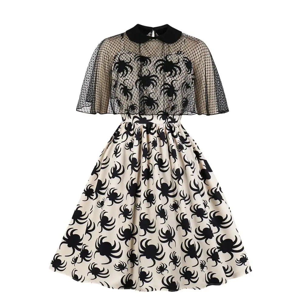 

Woman Vintage Gothic Style Cape Halloween Dress Yellow Black Lace Cloak Capelet Dress Two Piece Spider Print Strap Retro Dress