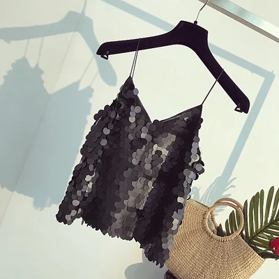 Черный Sequin Cami сексуальный укороченный топ, летний женский топ на бретельках, тонкий топ с открытой спиной, Обрезанные Топы - Цвет: Черный