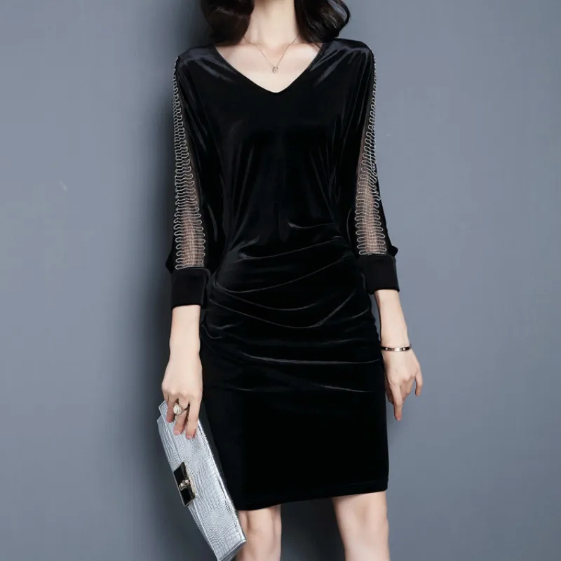 Loneyshow 2018 Autumn Gold Velvet Women's Dress Retro Stitching V-neck Long Section Waist Pocket Hip Black And Grey | Женская одежда