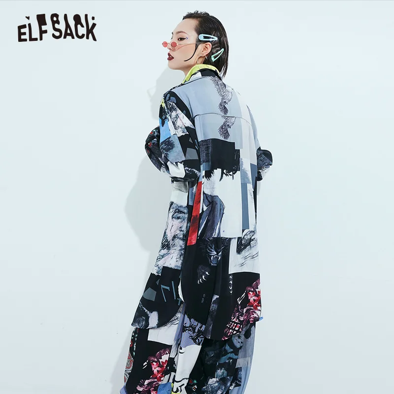 Женская винтажная офисная рубашка ELF SACK, Модная повседневная шифоновая блузка с принтом, летняя дамская блуза большого размера в корейском стиле, г
