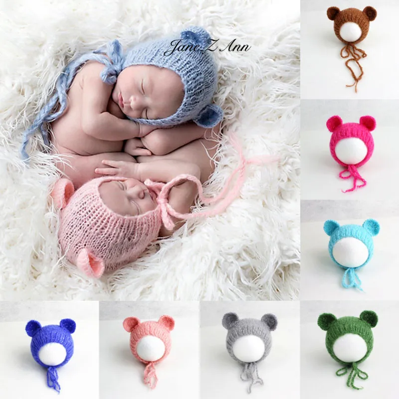 

Jane Z Ann 0-1M Soft Mohair Baby Hat Crochet Bear Ears Hats Baby Boy Girls Beanies Newborn Photography Accessories