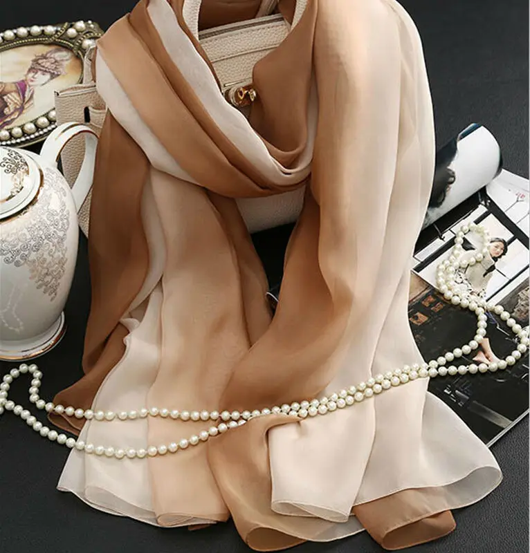 Женский шарф из натурального шелка кофейный градиентный сезон весна-лето-зима 2017