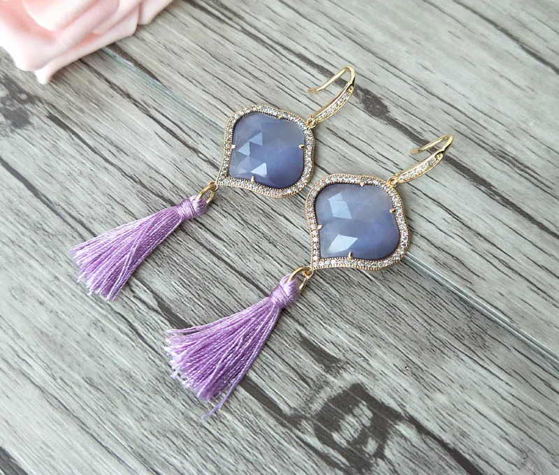 

6 pairs opal stone Earrings,heart opal Connector Double Bails with Boho cotton Tassel Charms Dangle Earrings Jewelry ER380