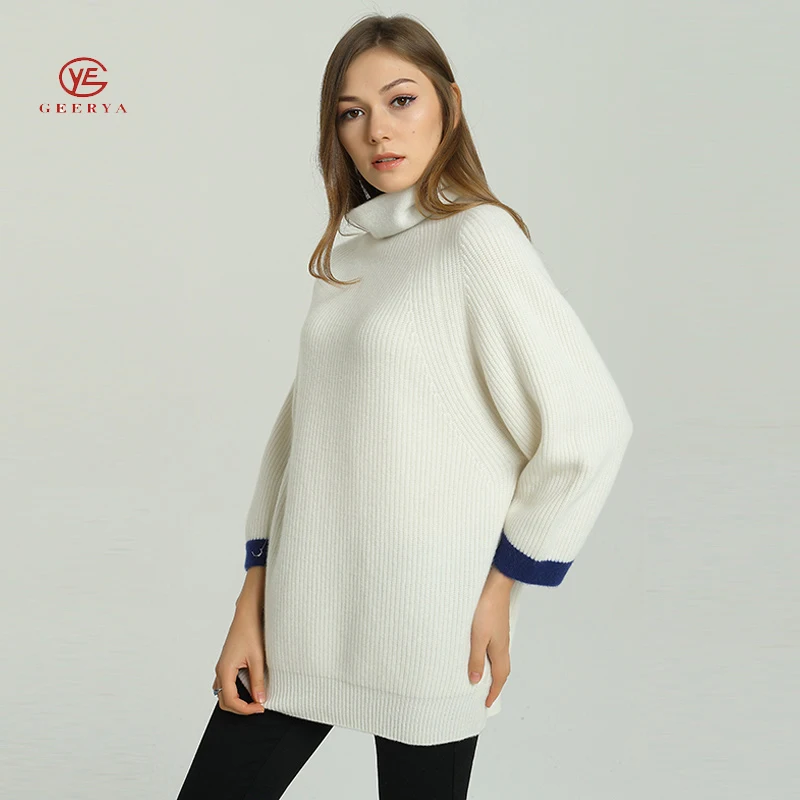 Geerya Casual Long Knitted Sweater Autumn Korean Women Turtleneck Loose Solid Color Lantern Sleeve Female Jacket Beige | Женская одежда