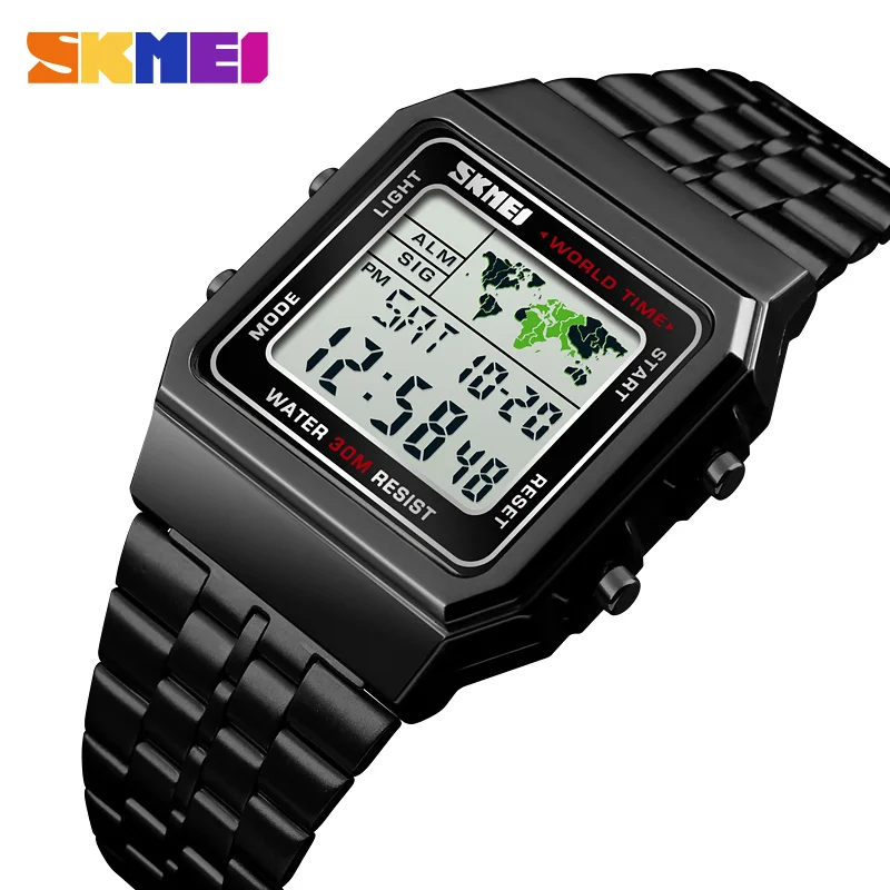 

SKMEI Top Luxury Fashion Sport Watch Men Alarm Clock 3Bar Waterproof Stainless Steel Strap Digital Watches reloj hombre 1338