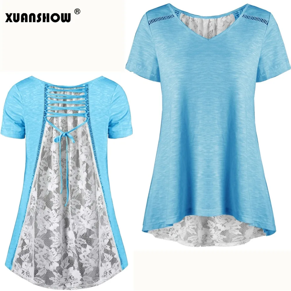 XUANSHOW летние топы с коротким рукавом и v-образным вырезом футболки для женщин
