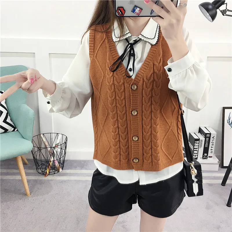 2018 New Sweater Spring Twist Knitted Vest Retro Buttons V-neck Cardigan |