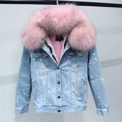 pink blacktip dots Новая джинсовая Меховая куртка для женщин, воротник из натурального меха енота, Экологически чистая подкладка для зимнего пальто, женские парки, джинсовые пальто - Цвет: pink blacktip dots