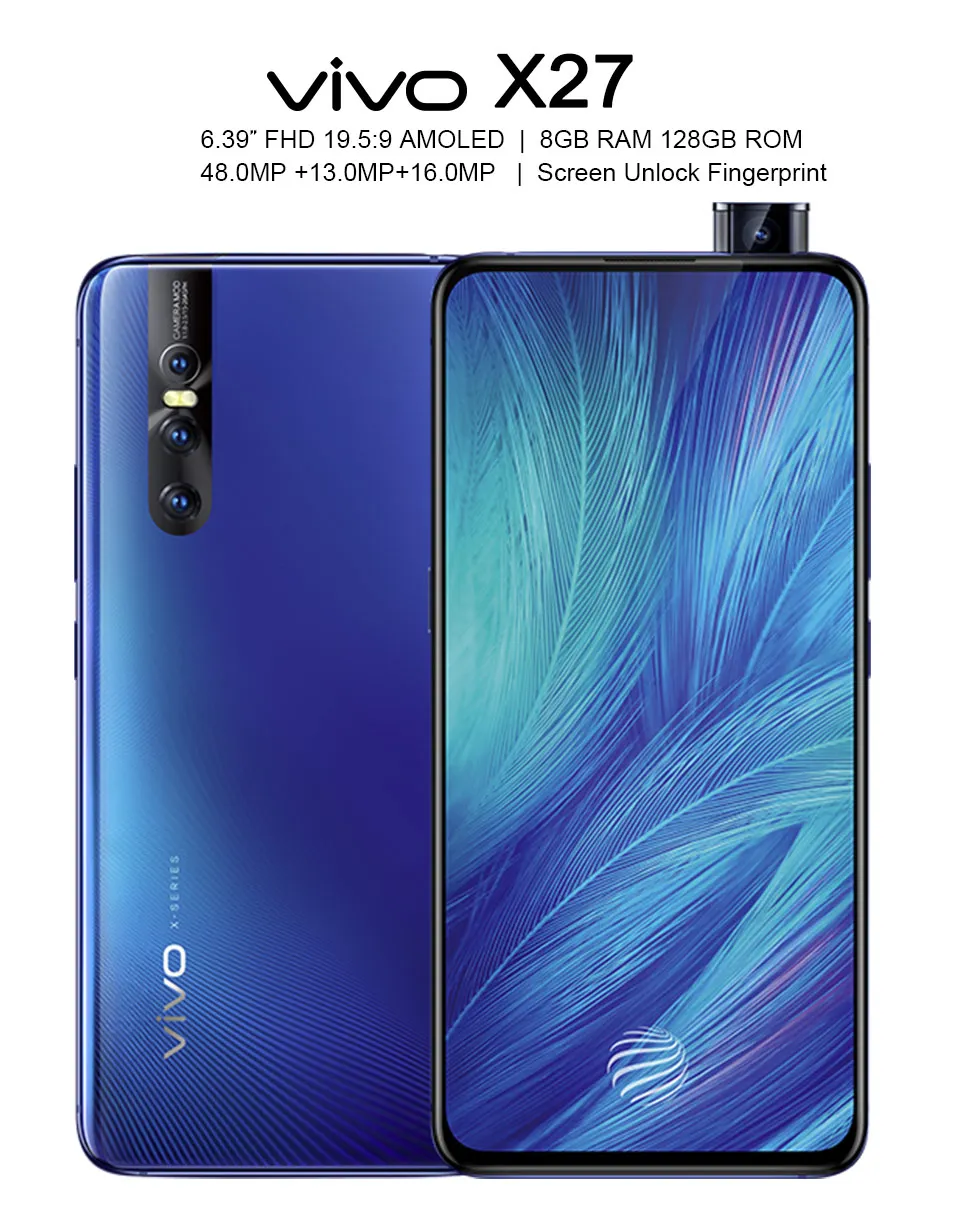 vivo X27, подъемная камера, 128 МП, мобильный телефон, 8 ГБ, 6,39 ГБ, дюймов, полный экран, четыре ядра, 4G, задняя камера, 3 камеры, сотовый телефон
