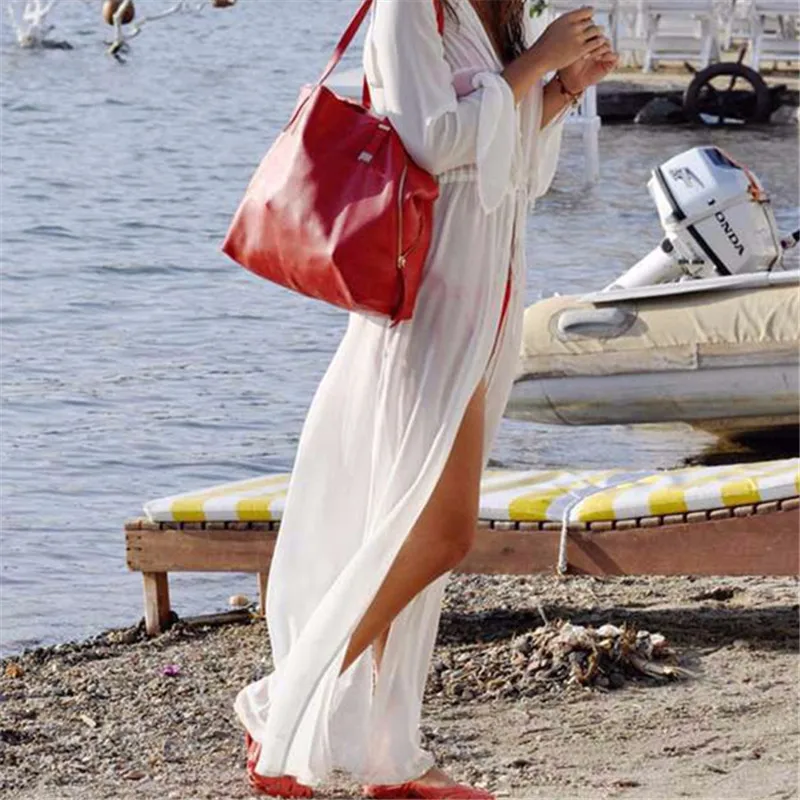 Новое поступление Пляжная накидка белый шифон полупрозрачный пляжный женский