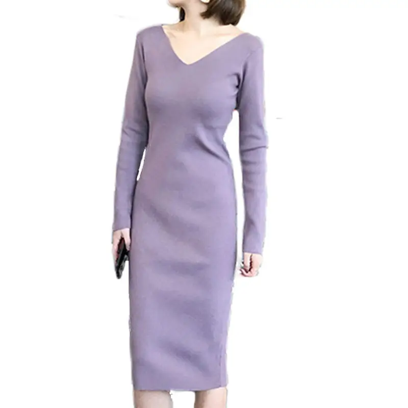 purpel sweater dress Женская трикотажная одежда осень зима длинный свитер платья v-образный вырез тонкий вязаный пуловер облегающее длинное трикотажное облегающее платье f188 - Цвет: purpel sweater dress