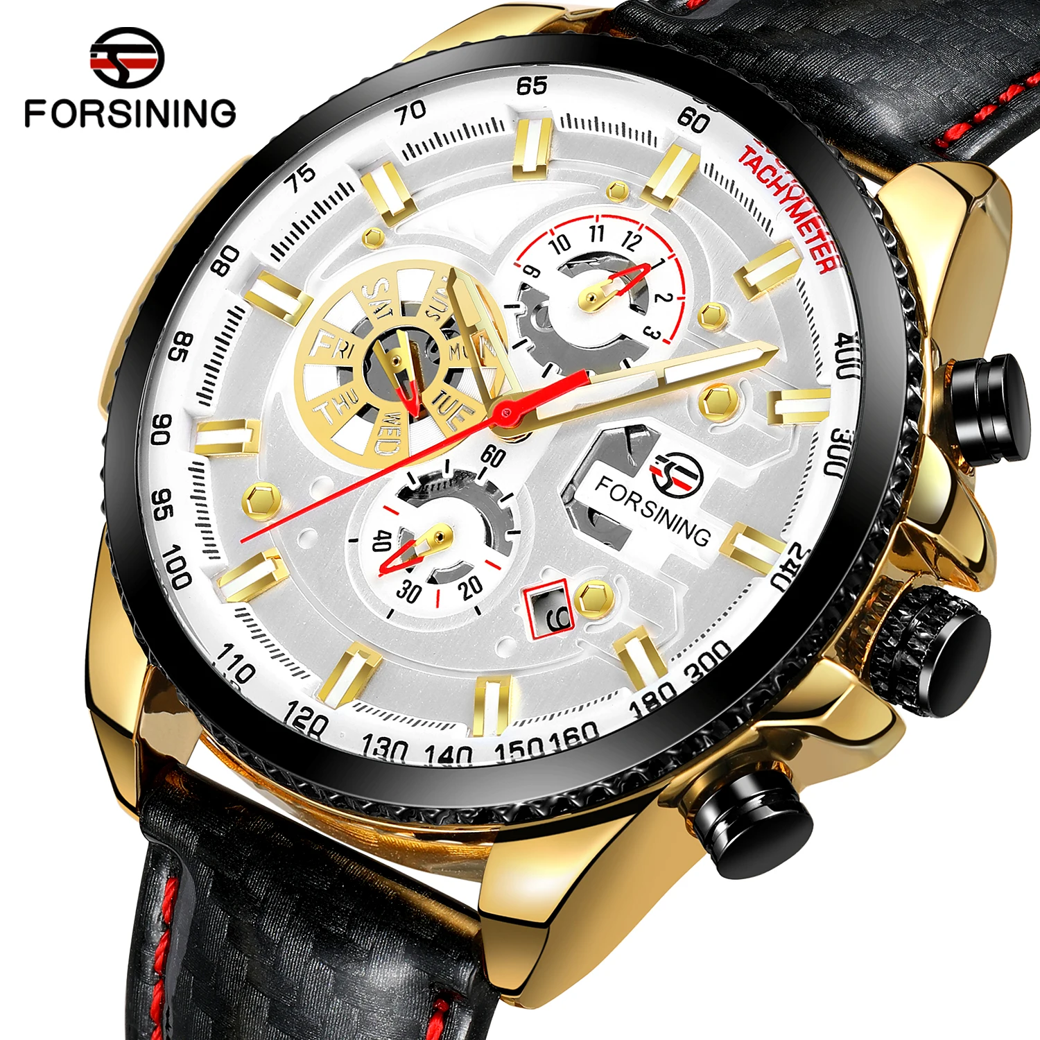 

Forsining Top Automatic Men's Casual Golden Date Polish Black Leather Belt Mechanical Watches Waterproof Clock Relogio Masculino