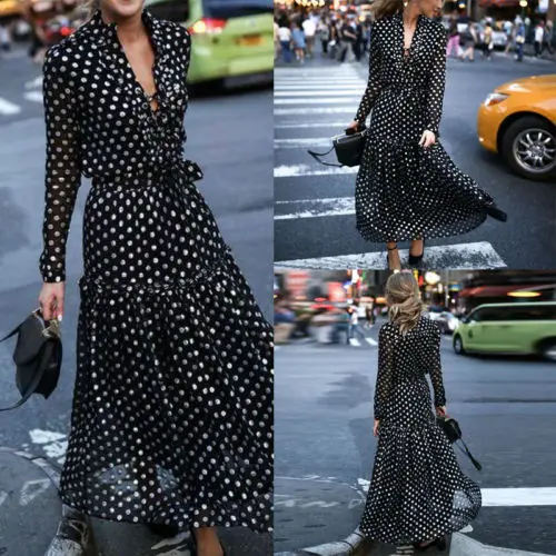 Женское Модное шифоновое платье в горошек с v-образным вырезом и длинным рукавом