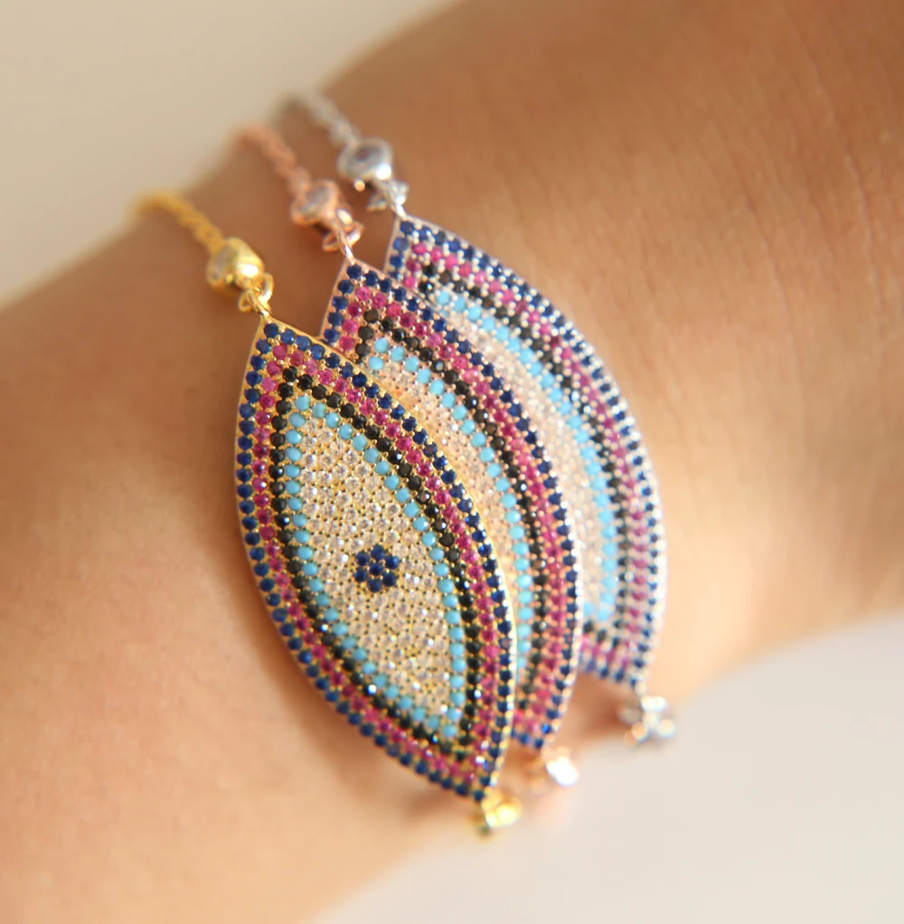 

Top Quality gold silver color AAA stone cubic zirconia turquoises girl jewelry turkish evil eye chain trendy stylish bracelet