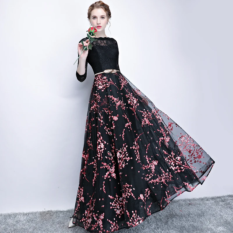 Женское длинное вечернее платье SSYFashion элегантное черное в пол с кружевными