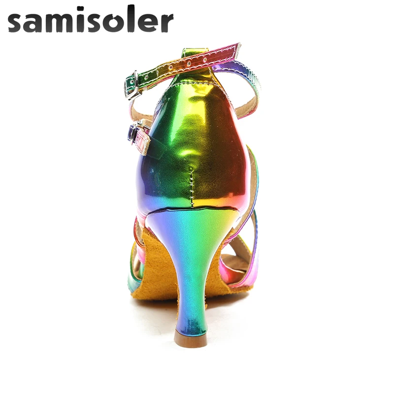 Samisoler Latin Dance Shoes Rainbow Colors bright PU Women's Salsa elegant Ballroom dancing shoes soft tango dance shoes heel