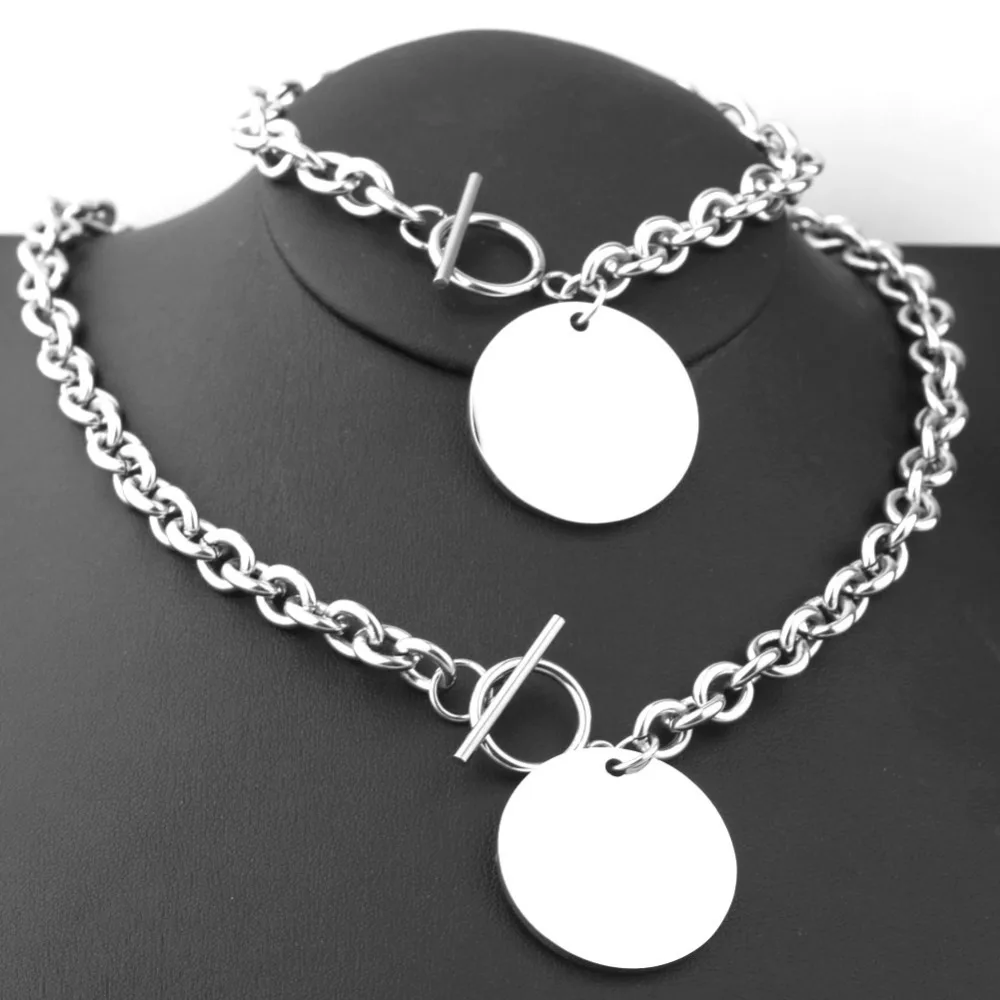 Fashion Jewelry Women's Silver Stainless Steel Rolo Chain Round Medallion Charm Necklace Bracelet Set | Украшения и