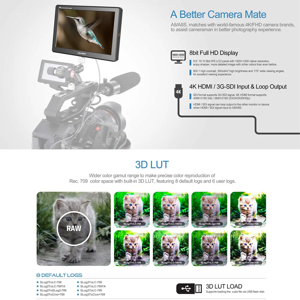 LILLIPUT A8S Moniteur de caméra HDMI 8,94K 1920x1200 Résolution Full HD 3D-LUT 170 ° Grand Angle de vue 
