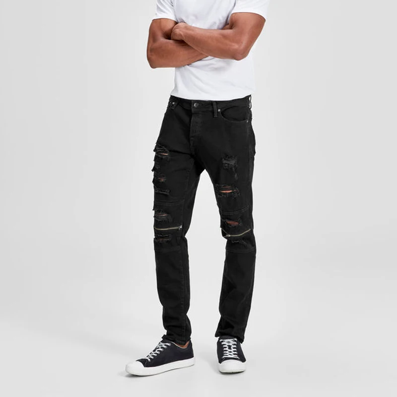 Мужские обтягивающие брюки черные повседневные в стиле хип хоп с дырками на